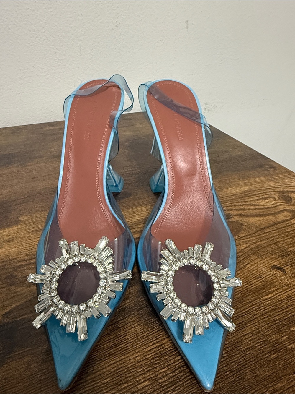 Amina Muaddi Blue Pointed-Toe Crystal-Embellished Slingbacks